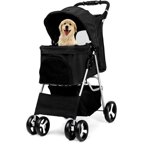 Foldable Pet Stroller With Rain Cover, Portable Foldable Outdoor Walking Cart with Large Space, Hand-Pull Design, Durable Oxford Fabric, Ergonomic Handle & Ventilation Mesh, Lightweight & Sturdy Frame For Small To Medium Dogs - Outdoor Pet Carrier, Modern