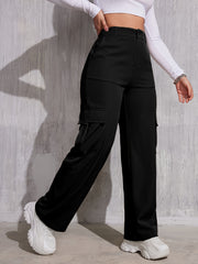 Flap Pocket Solid Color Cargo Pants, Y2K Slant Pocket Button Front Every Day Pants, Women's Clothing