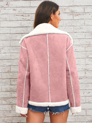 Women's Elegant Lapel Collar Plush Jacket with White Fur-Like Trim - Winter Warm Coat, Structured Fit Front Button Closure, Hand Washable Outerwear for Daily Travel & Holiday Outfits (Solid Color, Autumn/Winter) - Versatile Casual to Semi-Formal Wear