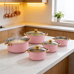 Stainless Steel Soup Pot Set (10PCS), Household Milk and Boiling Pots in Multiple Sizes, Ideal for Soup, Noodles and Hot Pot, Gold-Plated Handle, Pink