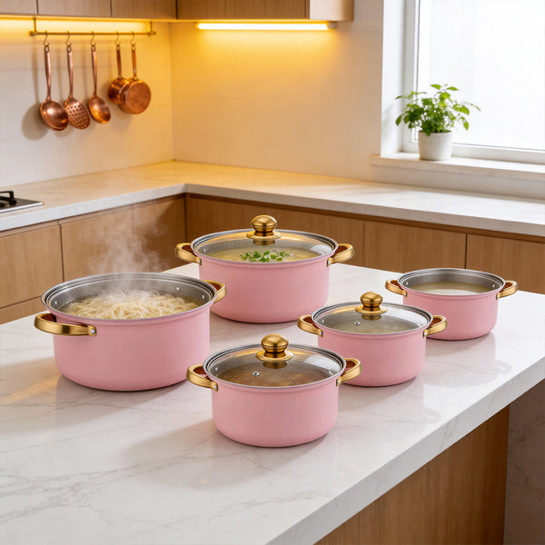 Stainless Steel Soup Pot Set (10PCS), Household Milk and Boiling Pots in Multiple Sizes, Ideal for Soup, Noodles and Hot Pot, Gold-Plated Handle, Pink
