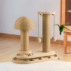 Solid Wood Cat Scratch Pole Cat Turntable, Cat Spring Teasing Stick, Cat Scratch Board, Durable and Wear-resistant Cat Toys, Sisal Cat Climbing Frame, Bell Ball, Oval Mushroom Turntable