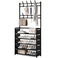 1pc Black Coat Rack Shoe Storage 5 Tiers Metal Stand 8 Hooks Shelves 80Cm Widened for Living Room Bathroom Hallway Office Xmas Gift