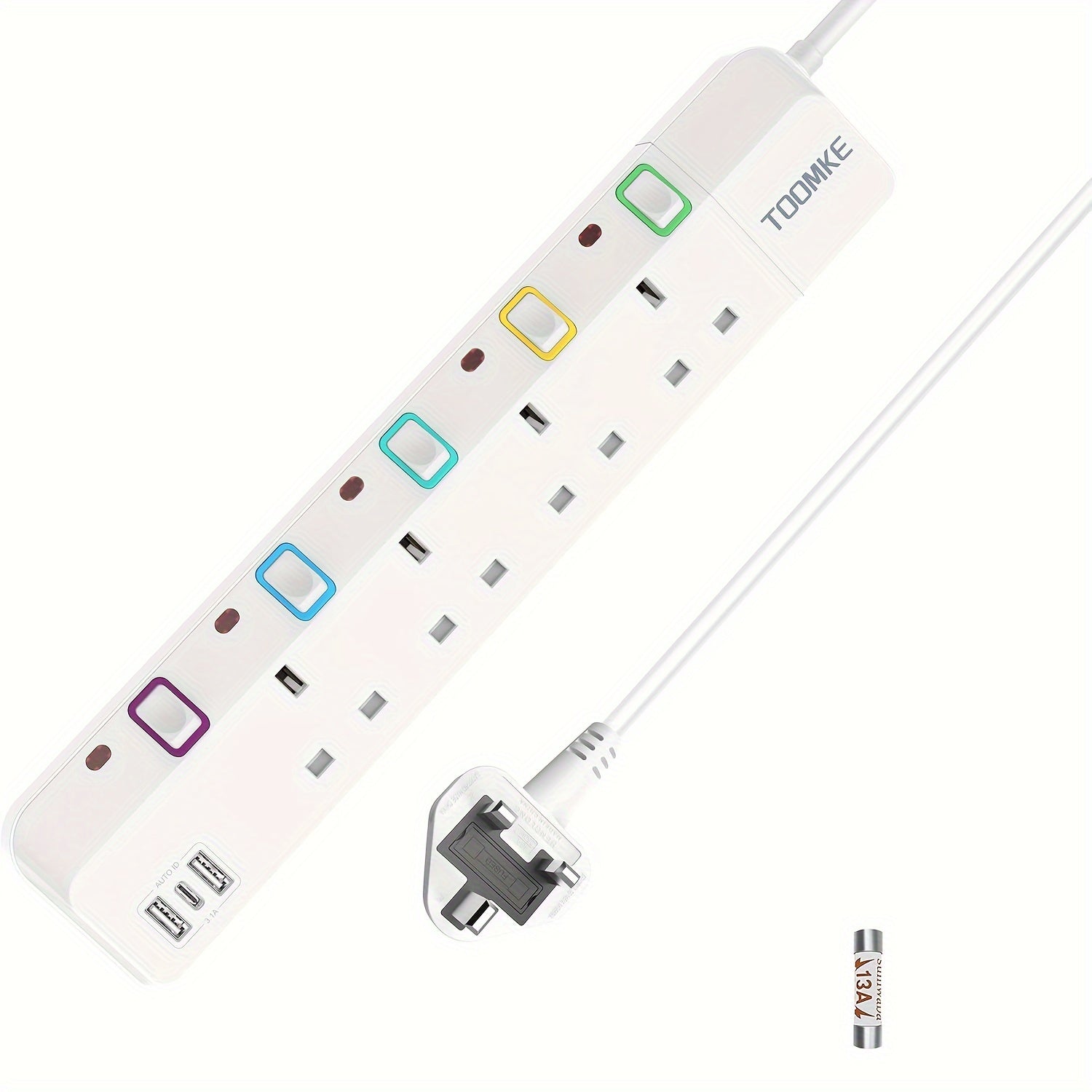 Toomke UK Plug Power Strip with 4 UK Sockets & 2 USB-A/1 USB-C Ports, 13A 3250W Heavy-Duty Extension Cord, Mountable Switched Outlet (1.5m) - Plug-in for /Office, PC, Appliances