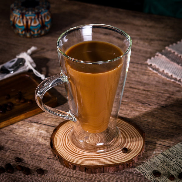 Vinsani Double Walled Coffee Drink Glasses Tea Cup Mug Heat Cold Resistant Aesthetic Clear Borosilicate Glass with Handle Cappuccino Latte Tea Dessert Hot and Cold Drinks