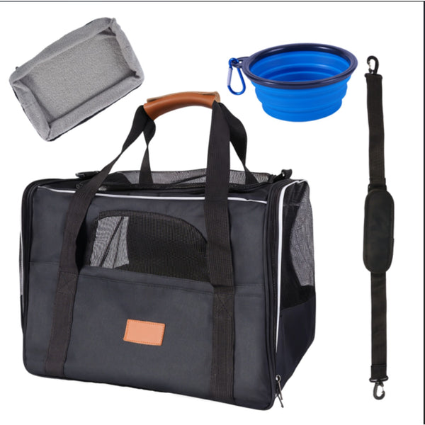 Portable Pet Carrier Bag, Top Opening, Removable Mat and Breathable Mesh, Foldable Transport Carrier for Dogs and Cats, with Shoulder Strap and Pet Bowl, Grey