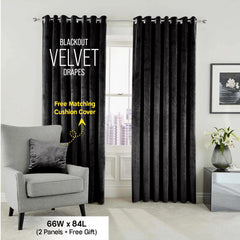 2pc Luxury Velvet Curtain Panels with Free Matching Velvet Cushion Cover – Thermal Insulated Grommet Top Drapes, Energy Saving Curtain Panels for Bedroom & Living Room Home Decor, Perfect Holiday Gift