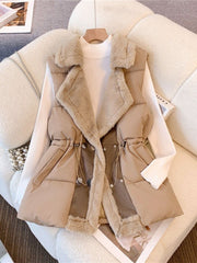 Women's Elegant Double-Breasted Winter Vest Jacket with Faux-Fur Trim & Collar - Structured Layered Coat for Fall/Winter, Casual to Formal Outfits - Solid Black or Brown (Hand Wash/Dry Clean) - Versatile Outerwear for Everyday & Special Occasions - 2025 N