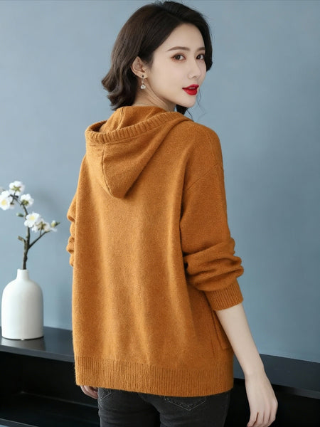 Women's New Fashionable Hooded Sweater, Outerwear with Hood, Cashmere Cardigan Autumn Wear, Drawstring Hood Design, Loose Fit, Cashmere Fabric Texture, Suitable for Women Who Pursue Comfort, Fashion and Warmth.