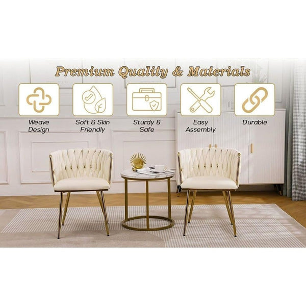 Set of 2 x Luxury Velvet/Metal Upholstered Seat Woven Dining Kitchen Home Restaurant Bar Pub Stool Chair (Cream/Gold)