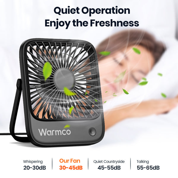 Warmco Quiet Mini USB Desk Fan - USB-Powered Portable Cooling Fan with Strong Wind, 3-Speed Adjustable Speeds & 180° Rotation, Compact Suitable for Home Office Desk, USB-Powered for PC, Laptop, Bedside, Small Room Cooling Device
