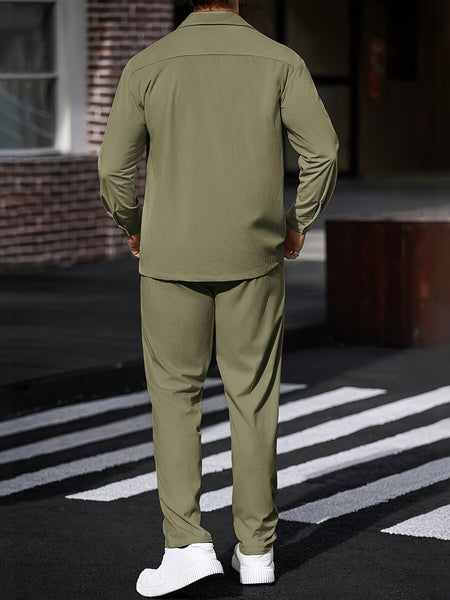 Men's 2pcs Casual Suit, 2-Pocket Shirt and Pants Set for Spring/Autumn, Suitable for Work and Leisure Sports
