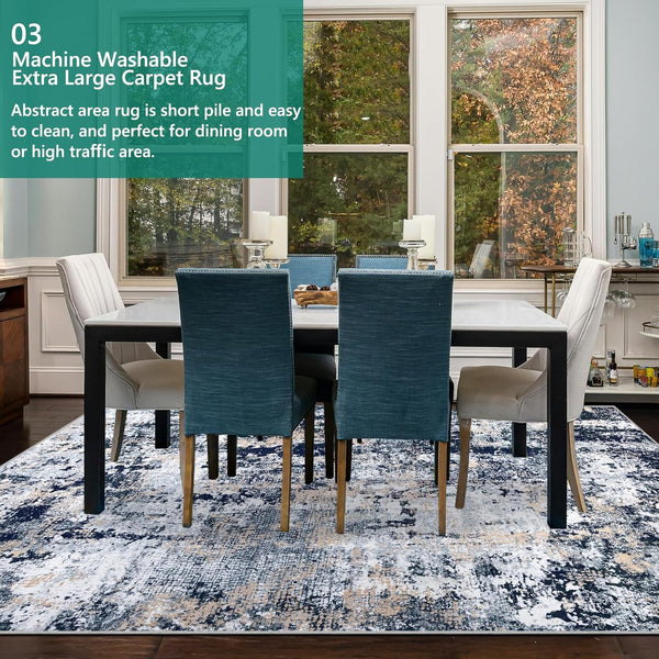 Capslpad Navy Blue Abstract Area Rug 200x300cm | Modern Short Pile Soft Faux Wool, Machine Washable, Non Slip, Minimalist Floor Mat for Living Room, Bedroom, Office, Kitchen Decor