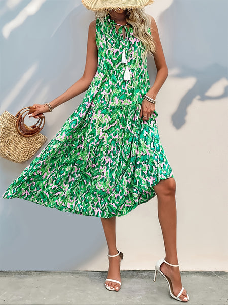 Spring/Summer Vacation Women'S Sleeveless Bohemian Style Fringed Tie-Up Printed Dress