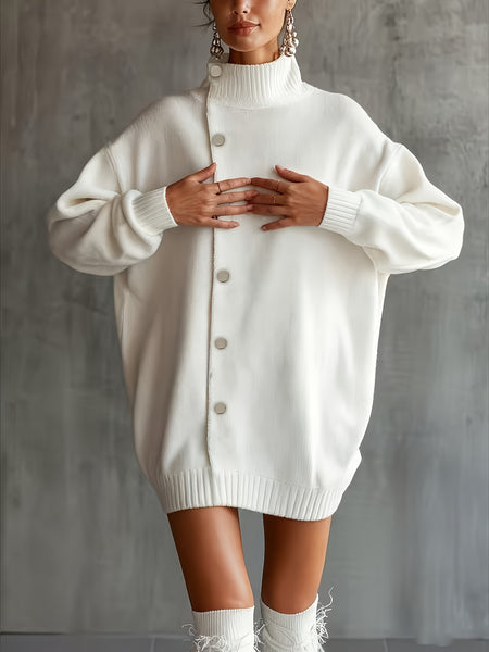 Women's Long White Button- Fashion Fabric Pullover with Lapel, Long Sleeves, Simple Design, Suitable for Spring and Autumn Daily Commute and Festive Occasions