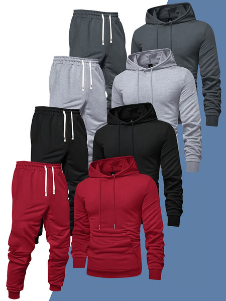 8pcs Men'S Hooded Sweatshirt + Sweatpants Autumn And Spring Casual Sports Suit Solid Color Plain Pullover Regular Long Sleeve Hoodie And Drawstring Elastic Waist Ribbed Ankle Pants