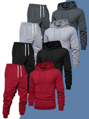 8pcs Men'S Hooded Sweatshirt + Sweatpants Autumn And Spring Casual Sports Suit Solid Color Plain Pullover Regular Long Sleeve Hoodie And Drawstring Elastic Waist Ribbed Ankle Pants