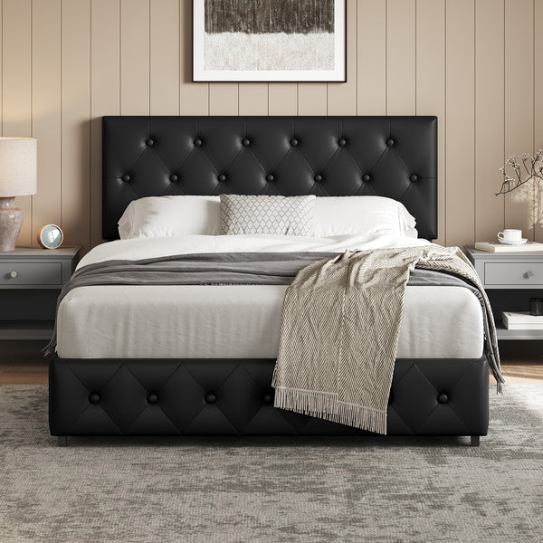 Costoffs Upholstered Bed Frame, Storage Bed Frame, Upholstered Bed Frame with Large Pull-Out Drawers Storage & Height-Adjustable Headboard, Button-tufted Upholstered Bed with Adjustable Headboard, Black