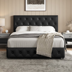Costoffs Upholstered Bed Frame, Storage Bed Frame, Upholstered Bed Frame with Large Pull-Out Drawers Storage & Height-Adjustable Headboard, Button-tufted Upholstered Bed with Adjustable Headboard, Black