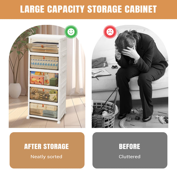 3 4 5 Tier Folding Storage Box, Plastic Collapsible Storage Box with Wheels, Stackable Storage Boxes with Lids and Front Opening Door Stackable Storage Boxes with Lids, 4 Wheels, Sturdy PP Matterial, Foldable Plastic Storage Unit for Toys/Office Supplies/