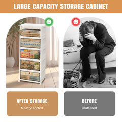 3 4 5 Tier Folding Storage Box, Plastic Collapsible Storage Box with Wheels, Stackable Storage Boxes with Lids and Front Opening Door Stackable Storage Boxes with Lids, 4 Wheels, Sturdy PP Matterial, Foldable Plastic Storage Unit for Toys/Office Supplies/