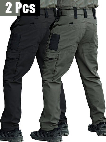 2pcs Men's Tactical Cargo Pants, Durable Multi-Pocket Work Pants for Outdoor Construction Work, Hiking And Trekking, Casual Tactical Pants | Adjustable Waist Pants | Hiking Gear (No Belt)