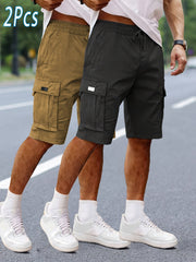 2pcs Men'S Cargo Shorts, Drawstring Waist Multi-Pocket Men'S Shorts