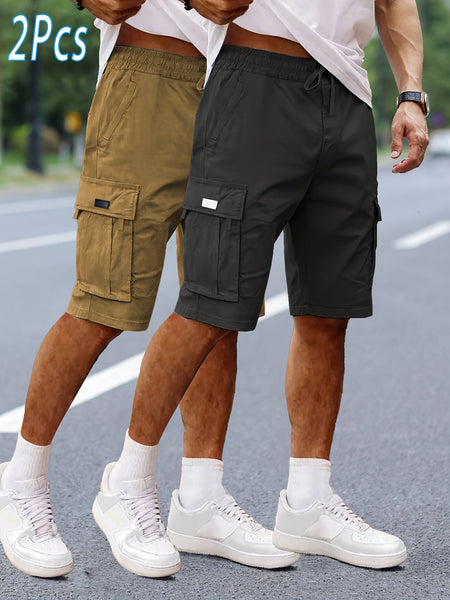 2pcs Men'S Cargo Shorts, Drawstring Waist Multi-Pocket Men'S Shorts