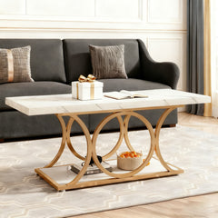 Contemporary 46.45-Inch Rectangular Coffee Table Featuring a Dual-Tier Storage Shelf, Faux Marble Wood Surface, And Elegant Geometric Golden Legs, Ideal for a Living Room