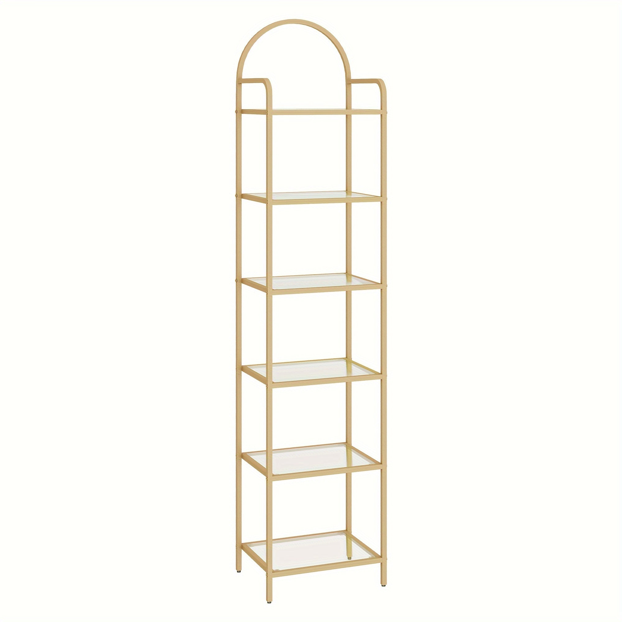 Bookcase Bookshelf, Tempered Glass Bookshelves, Slim Shelving Unit for Bedroom, Bathroom, Home Office, Steel Frame, 6 Tier Golden, Standing Shelf