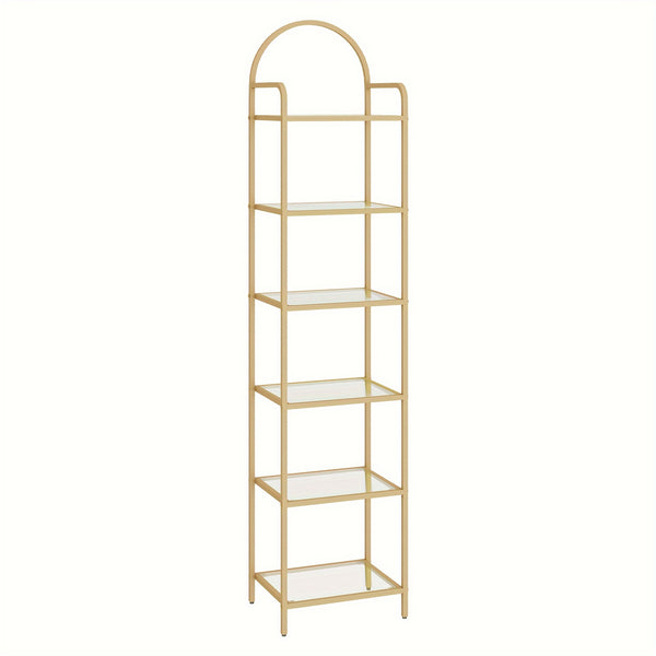 Bookcase Bookshelf, Tempered Glass Bookshelves, Slim Shelving Unit for Bedroom, Bathroom, Home Office, Steel Frame, 6 Tier Golden, Standing Shelf