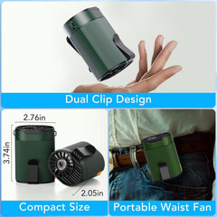 COZOME Portable Waist Fan with 4-Speed Settings, Dual Clip Design, Hands-Free Neck Hanging Fan for Outdoor Activities