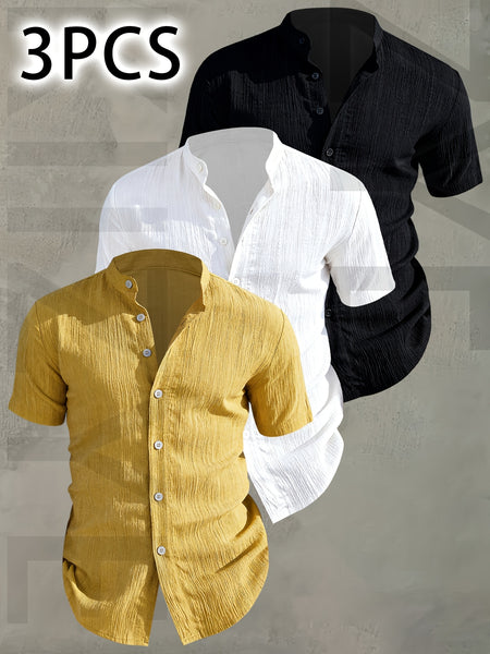 [Pearson OBM] 3pcs Men'S Summer Short Sleeve Shirt - Lightweight Breathable Solid Color Button-Up Casual Shirt with Stand Collar, Machine Washable for Beach Vacation, Pool Party And Casual Attire, Beach Shirt, Perfect for Gifting