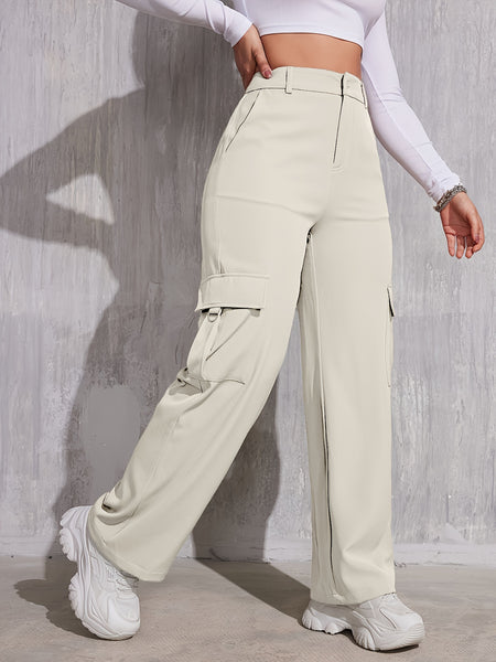 Flap Pocket Solid Color Cargo Pants, Y2K Slant Pocket Button Front Every Day Pants, Women's Clothing