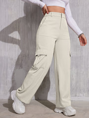 Flap Pocket Solid Color Cargo Pants, Y2K Slant Pocket Button Front Every Day Pants, Women's Clothing