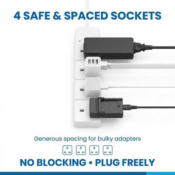 MTK 4 Way Power Strip Extension Lead with 2M Cable, 13A 3000W Max Safety Overload Protection, Fire-Resistant PP White Extension Socket for Home Office Travel Computer & Appliances