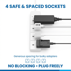 MTK 4 Way Power Strip Extension Lead with 2M Cable, 13A 3000W Max Safety Overload Protection, Fire-Resistant PP White Extension Socket for Home Office Travel Computer & Appliances