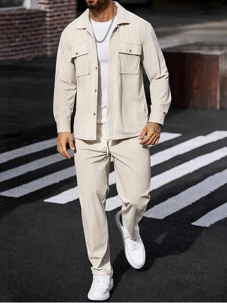 Men's 2pcs Casual Suit, 2-Pocket Shirt and Pants Set for Spring/Autumn, Suitable for Work and Leisure Sports
