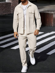 Men's 2pcs Casual Suit, 2-Pocket Shirt and Pants Set for Spring/Autumn, Suitable for Work and Leisure Sports