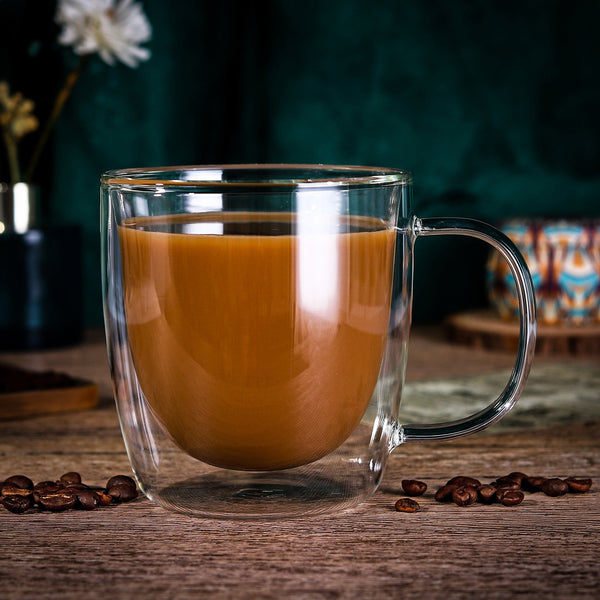 Vinsani Double Walled Coffee Drink Glasses Tea Cup Mug Heat Cold Resistant Aesthetic Clear Borosilicate Glass with Handle Cappuccino Latte Tea Dessert Hot and Cold Drinks