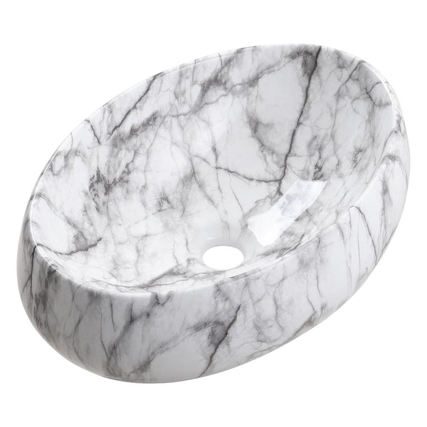 White Ceramic Bathroom Vanity Wash Basin Sink Countertop Oval Marble Effect Bowl With Stainless Steel Drainer Kit, Hand Wash Basin, Classic Design White Marble Effect Oval Sink for Bathroom Lavatory, Hotel Vanity Unit, 48x34x14.5cm, Only Basin