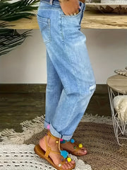 Women's Casual Ripped Hole Straight-barrel Multi-button Pants