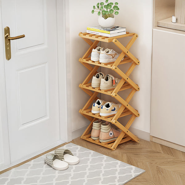 4/5/6/7 Tiers Bamboo Wooden Shoe Rack, Vertical Shoe Racks Storage Shelves Tall Shoe Tower, Collapsible Narrow Shoe Stand, Installation Free Folding X-Shape Shoe Racks Sneakers Slippers Holder Organizer, Multi Functional Shoe Rack Durable Footwear Cabinet