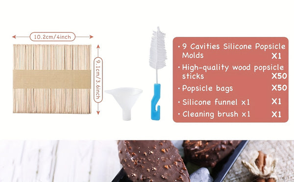 Ice Lolly Moulds, Silicone Popsicle Molds, 9 Cavities Ice Cream Moulds With 50 Sticks, 50 Bags, 50 Tie Wraps, Brush And Funnel