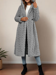 Fashionable Long Hooded Solid Color Cardigan Coat, Autumn/Winter Thickened Plush Outerwear, Warm, Versatile, and Suitable for Commuting