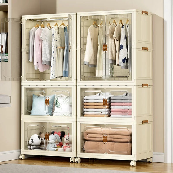 Modern Home Bedroom Armoires, Plastic Installation-Free Multipurpose Locker with Pulleys, Foldable Clothes Storage Cabinet for Living Room Bedroom or Cloakroom, Cream White