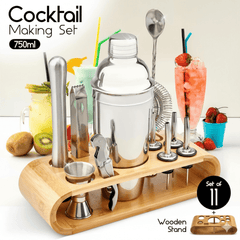 Tanness 12 Piece Cocktail Shaker Set - Stainless Steel Cocktail Accessories - Bartender Kit with Drink Shaker, Jigger, Spoon, Strainer, Corkscrew, Ice Tongs, Pestle, Pourers, Bamboo Display Stand