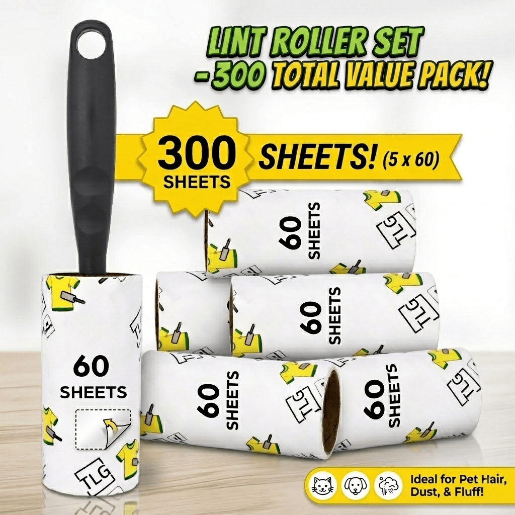 Lint Roller with 5 Refills and Handle - Pet Hair Remover for Cat/Dog Fur/Hair on Clothes, Sofas & Carpets - 300/450 Extra Sticky Sheets