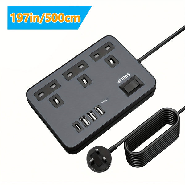 Power Supply 7in 1 Flat Plug Power Socket Outlet Extension Lead, 4 USB Slots Charging Ports Extension Socket, Multi Socket Power Board