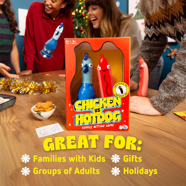 Big Potato Chicken Vs Hotdog – Hilarious Flip Challenge Party Game for Families, Kids & Adults | Fun Game for 2–10 Players | Includes Bonus Cards & Fast-Paced Fun for Christmas